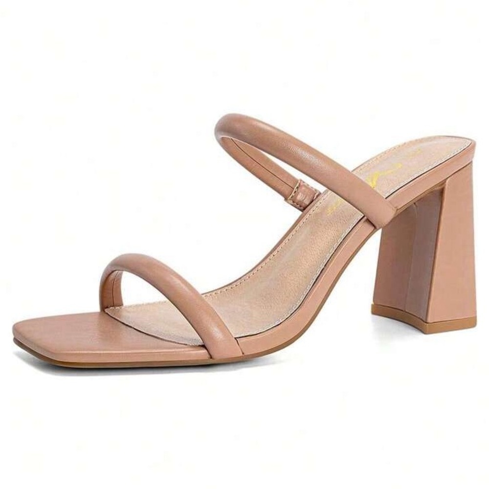 Athlefit Women’s Tan Square Open Toe Two Strap Chunky Heeled Slip On Sandal |NEW